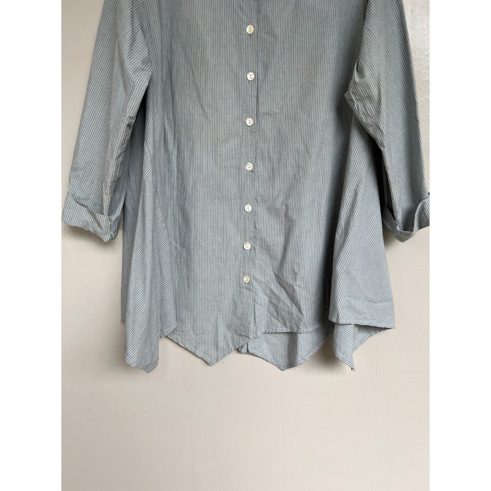 Tulip Blue Pinstripe Button Down Shirt Medium Long Sleeve Asymmetrical Lagenlook - Picture 2 of 7